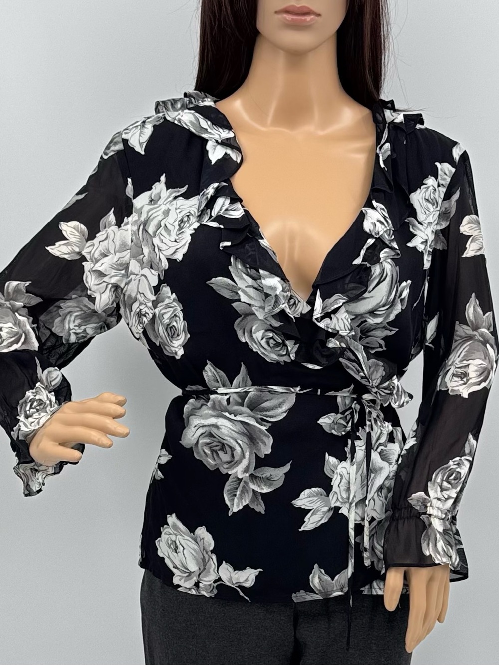 Vintage 90s Whimsigoth Fairy Ethereal Romantic Floral Print Ruffle Wrap Blouse